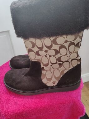 Coach Brown Signature Canvas & Suede Shearling Boots